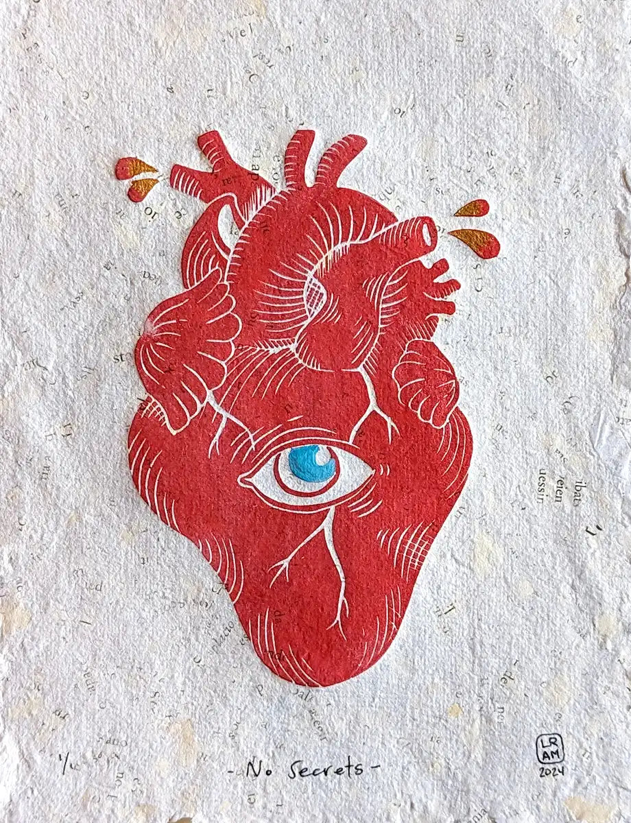 « No Secrets » – Gravure sur linoléum sur papier artisanal. 2024
